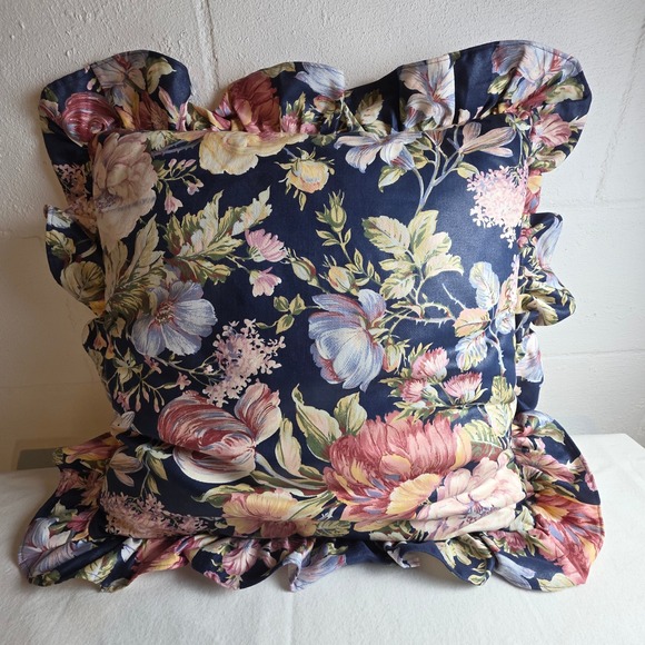 Unbranded Other - Vintage Floral Ruffled Throw Pillow Navy Blue Pink Botanical Cottagecore